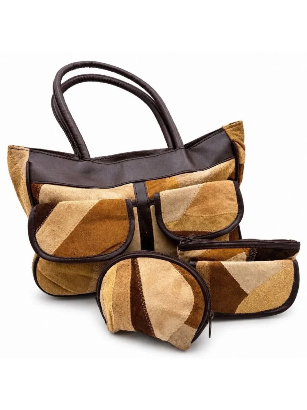 Patchwork Suede Leather Tote Bag Set Brown Beige Handbag w/ Accessories